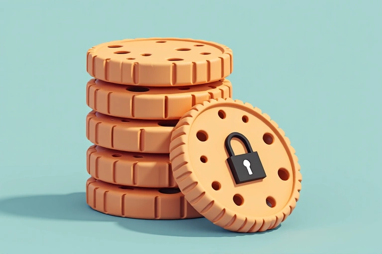 Stosy ciasteczek i ikona ciastka z kłódką, symbolizujące politykę plików cookie.